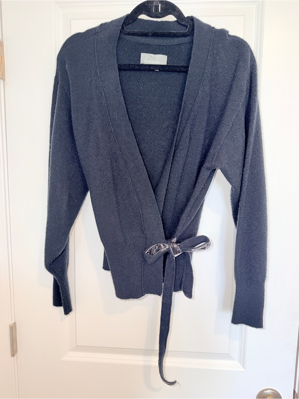 By Anthropologie Black Wrap V-Neck Women's Sweater with Velvet Tie Closure - Picture 6 of 9